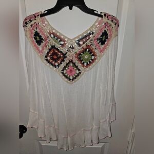 Bohemian Crochet Trim White Top